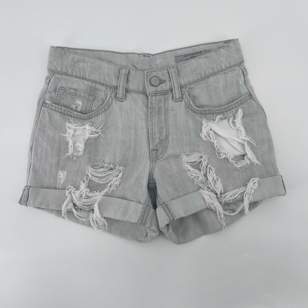 AllSaints Pam Distressed Jean Shorts Womens 25 Light Gray Denim Cuffed